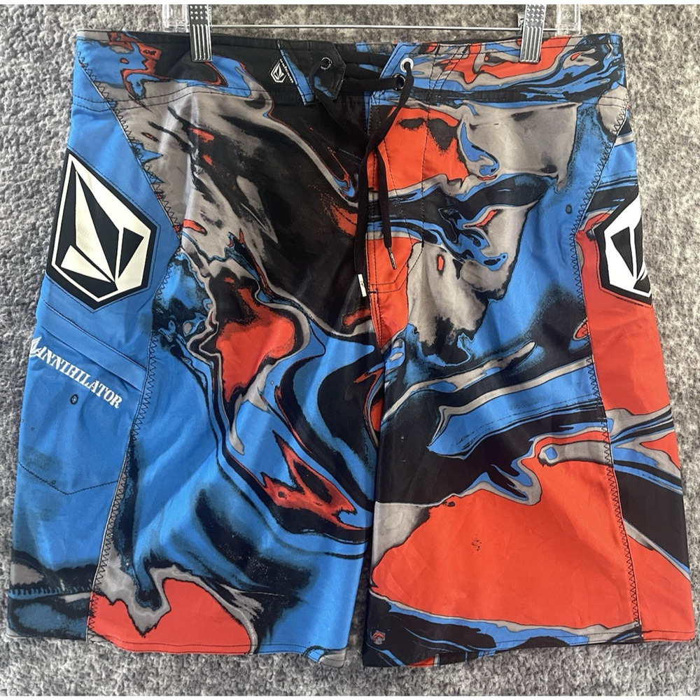 Volcom Mitch Annihilator Men's 36 Blue Red Black Paint Splash Board Shorts